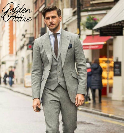 Tweed Wool Suit, Luxury 3 Piece Man Suit, Light Grey Wedding Wear