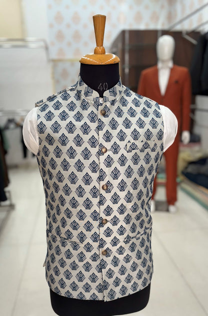 Printed Nehru Jacket for Men: Beige Modi Waistcoat