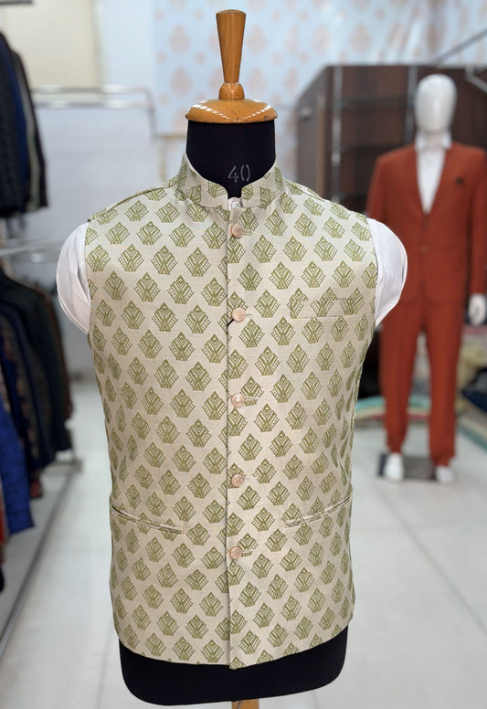 Sage Green Printed Nehru Jacket: Men's Modi Vest