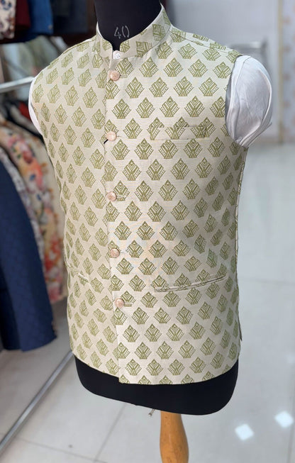 Sage Green Printed Nehru Jacket: Men's Modi Vest
