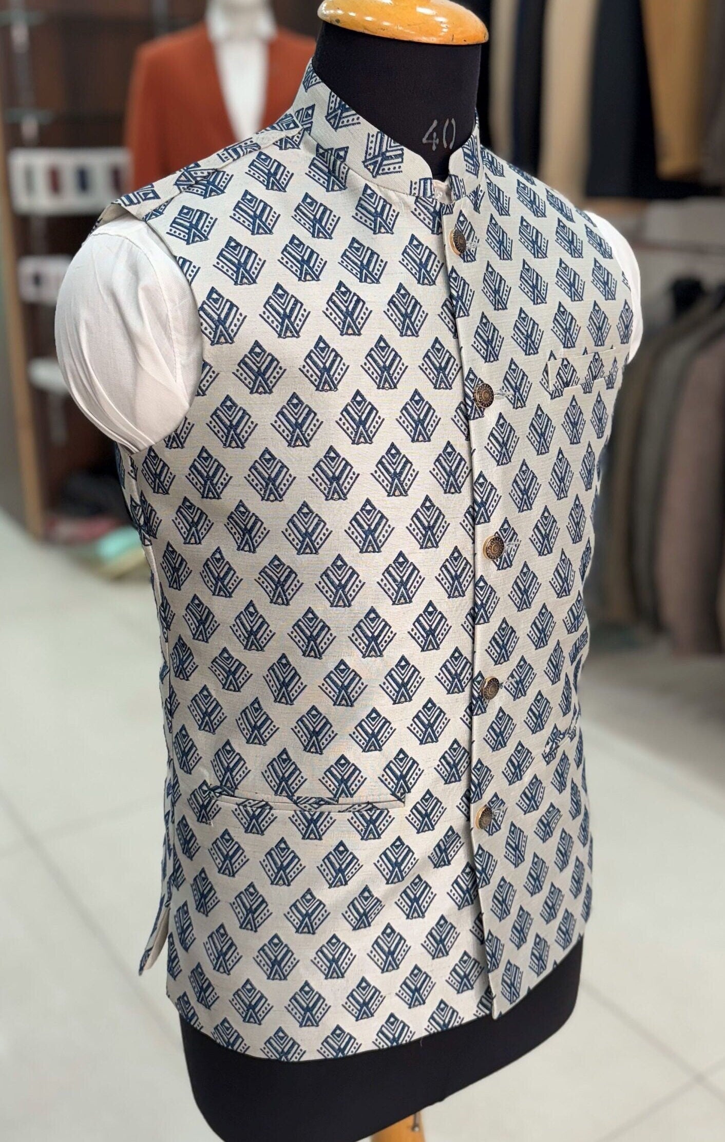 Printed Nehru Jacket for Men: Beige Modi Waistcoat