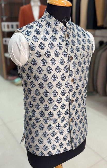 Printed Nehru Jacket for Men: Beige Modi Waistcoat