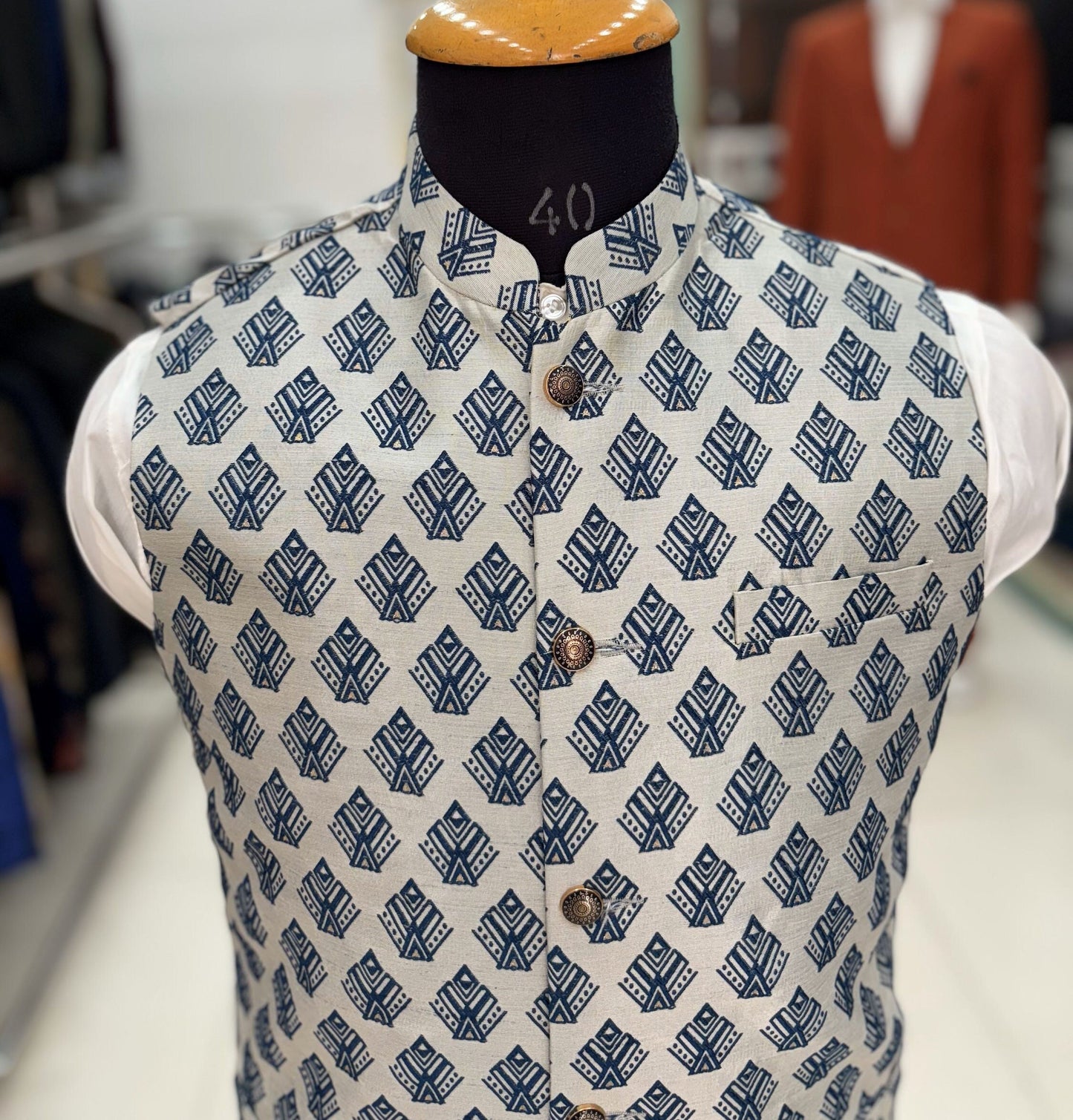 Printed Nehru Jacket for Men: Beige Modi Waistcoat