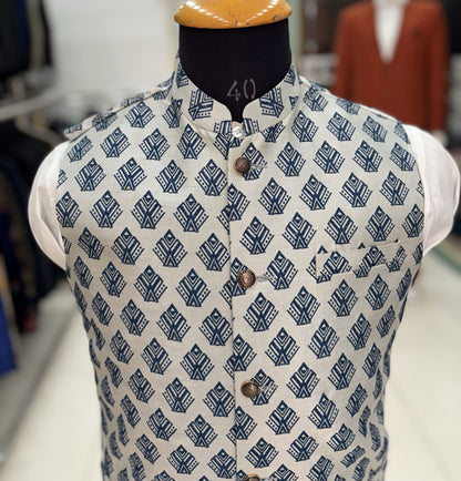 Printed Nehru Jacket for Men: Beige Modi Waistcoat