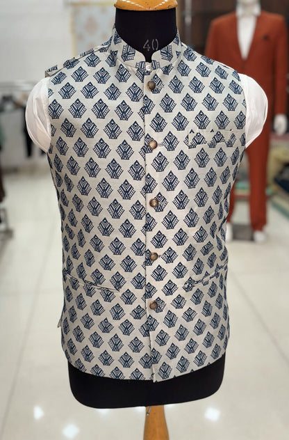 Printed Nehru Jacket for Men: Beige Modi Waistcoat