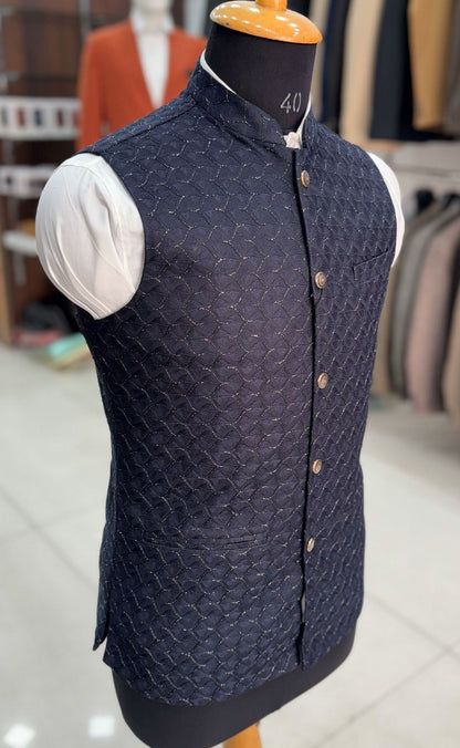 Navy Blue Nehru Jacket, Handcrafted Modi Jacket for Men