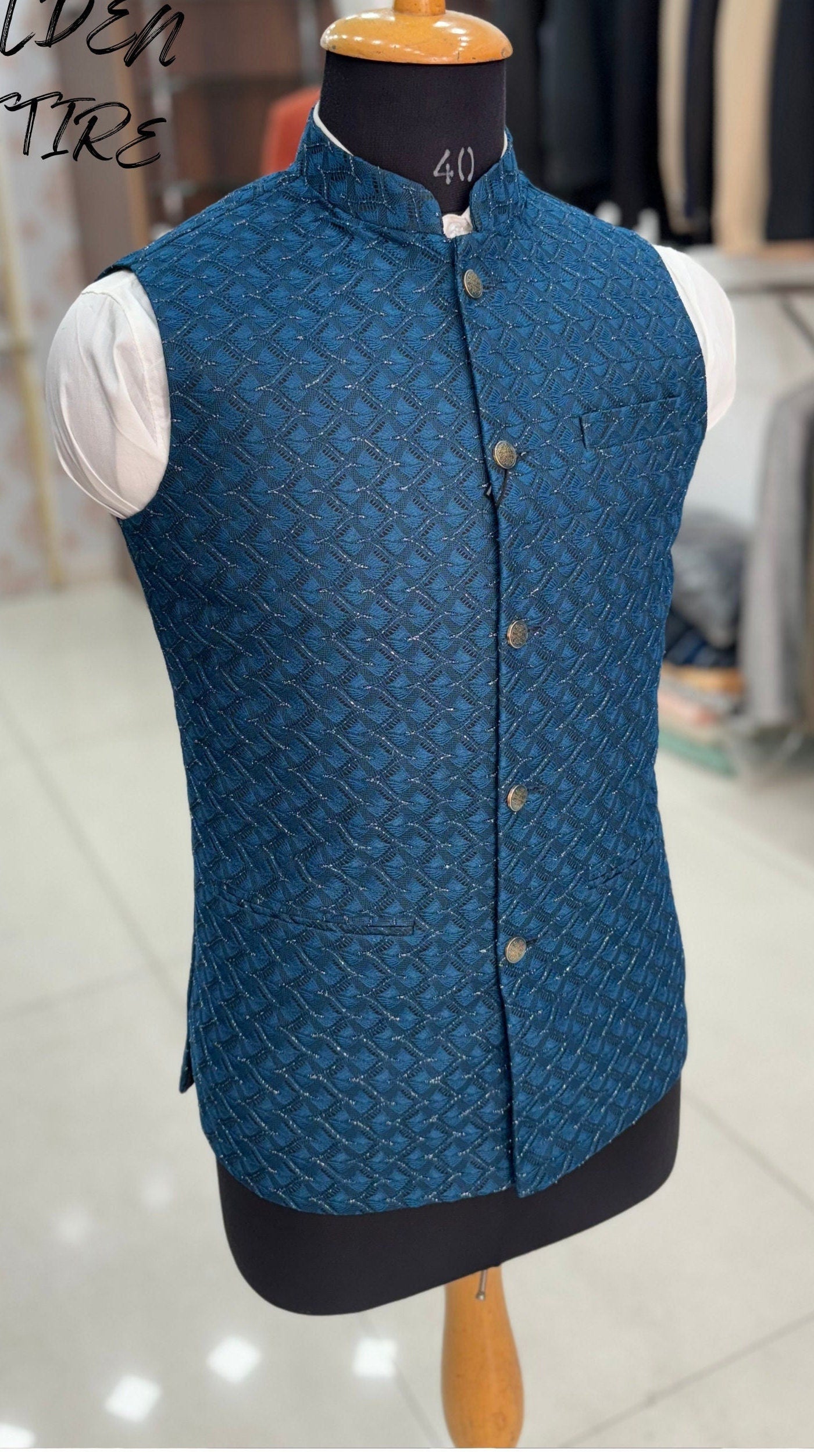 Peacock Blue Nehru Jacket, Men's Wedding Outfit, bandhgala waistcoat