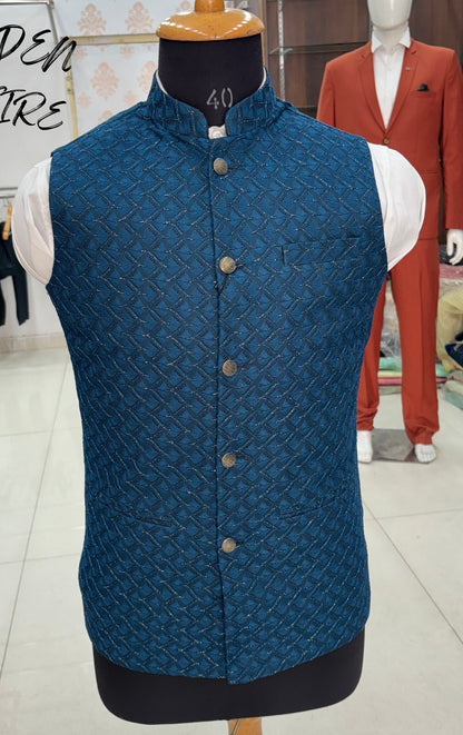Peacock Blue Nehru Jacket, Men's Wedding Outfit, bandhgala waistcoat