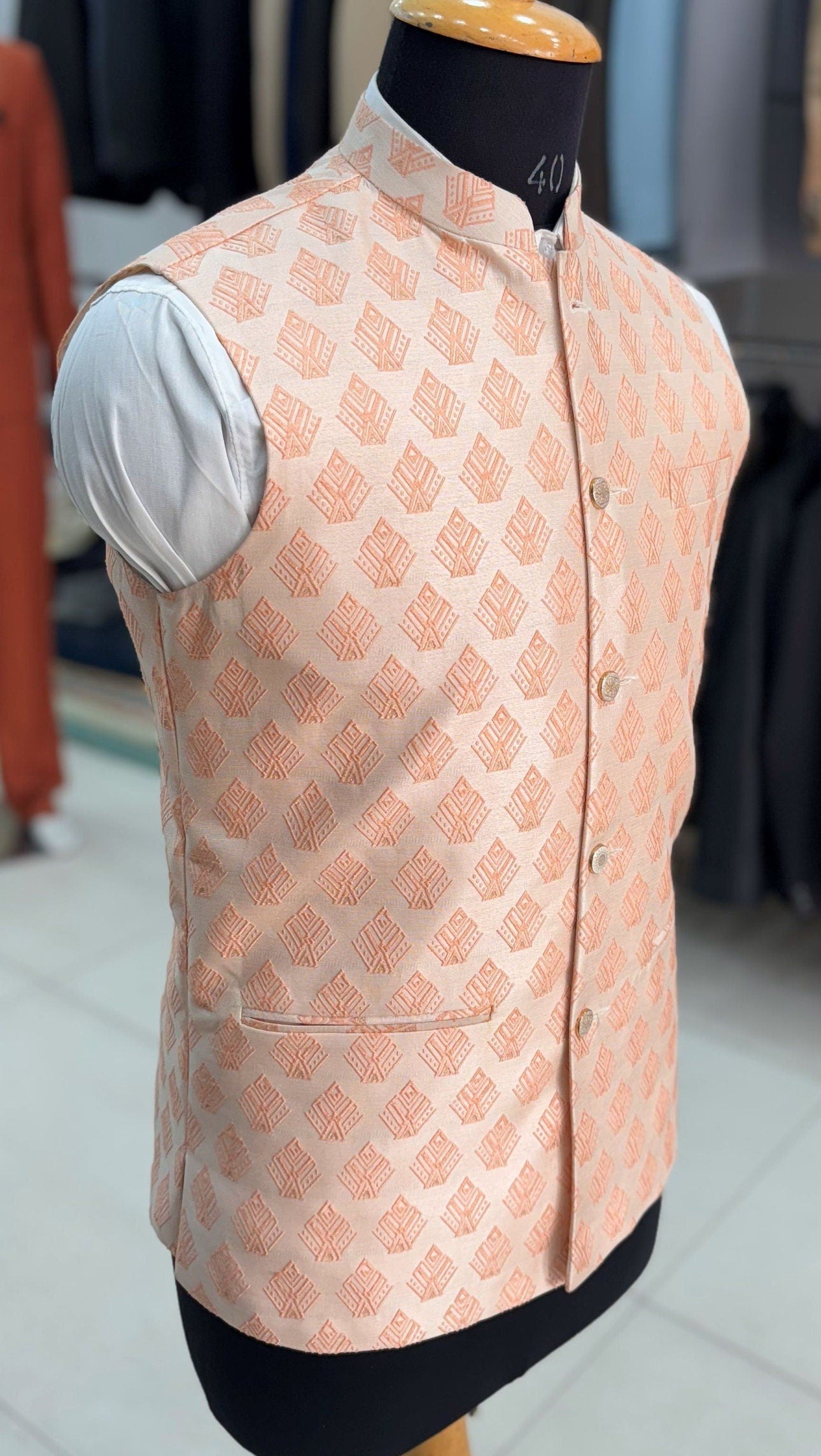 Pink Printed Nehru Jacket: Men's Wedding Modi Vest