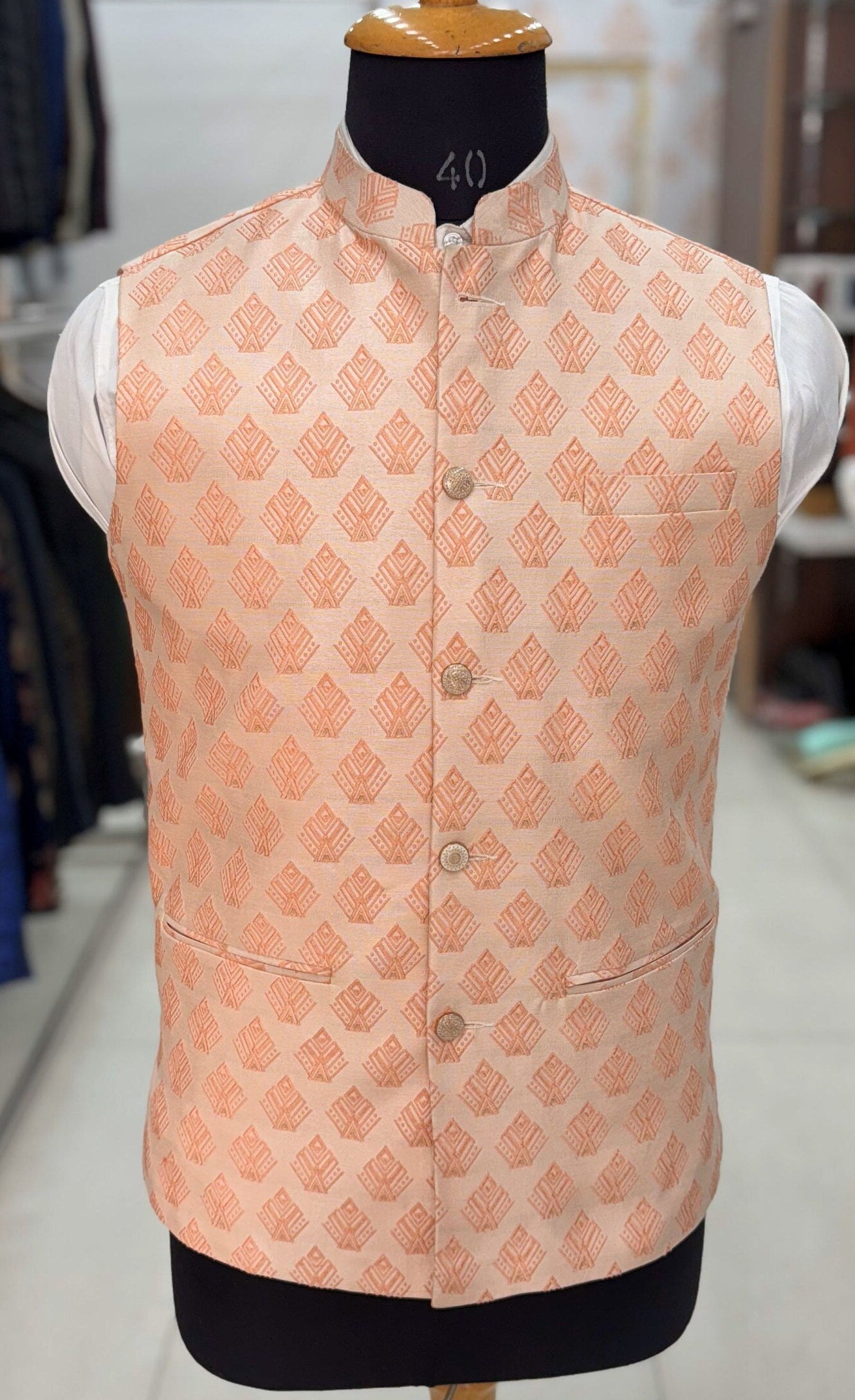 Pink Printed Nehru Jacket: Men's Wedding Modi Vest