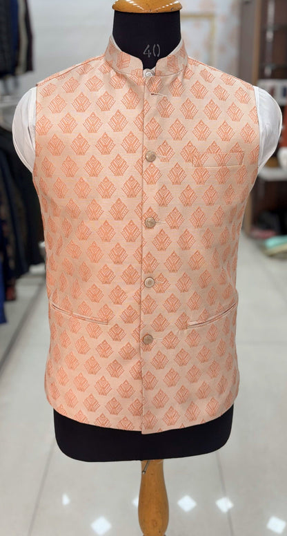 Pink Printed Nehru Jacket: Men's Wedding Modi Vest