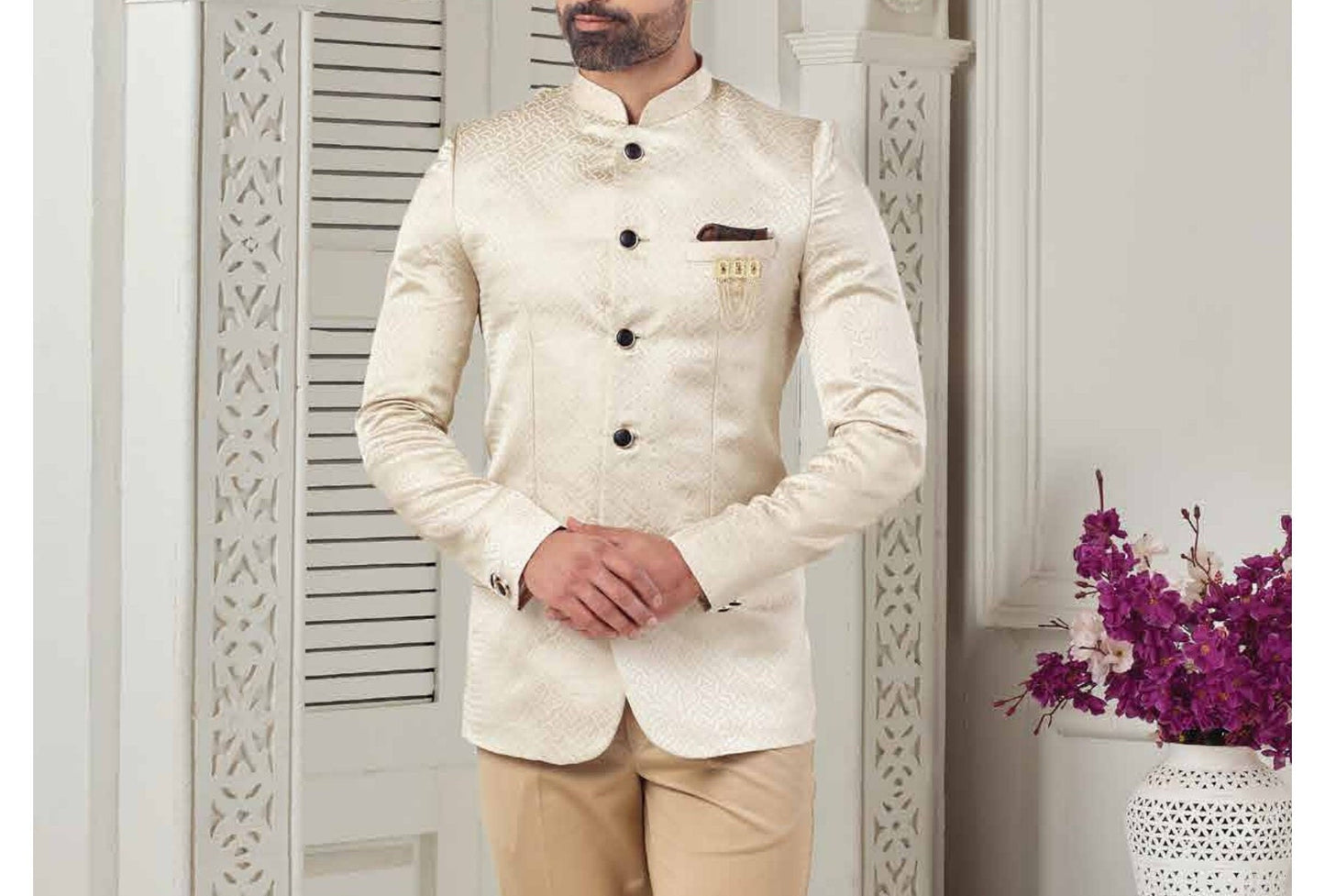 Cream Groom Jodhpuri Suit, Indian Wedding Outfit