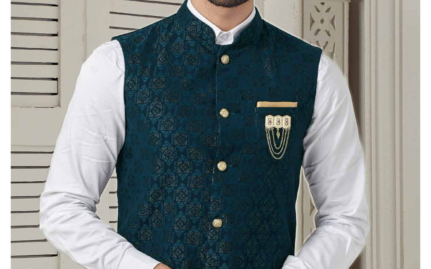 Teal Blue Jacquard Nehru Jacket Set for Men, South Asian Attire