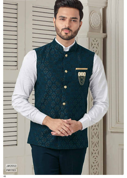 Teal Blue Jacquard Nehru Jacket Set for Men, South Asian Attire