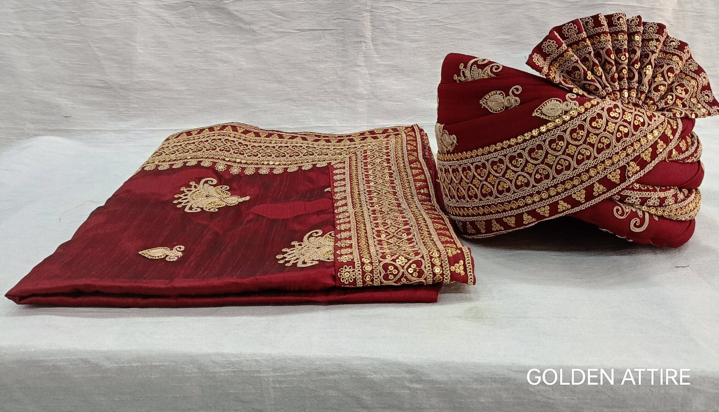 Red Wedding Turban & Shawl Set, Indian Groom Safa Combo with Golden Embroidery