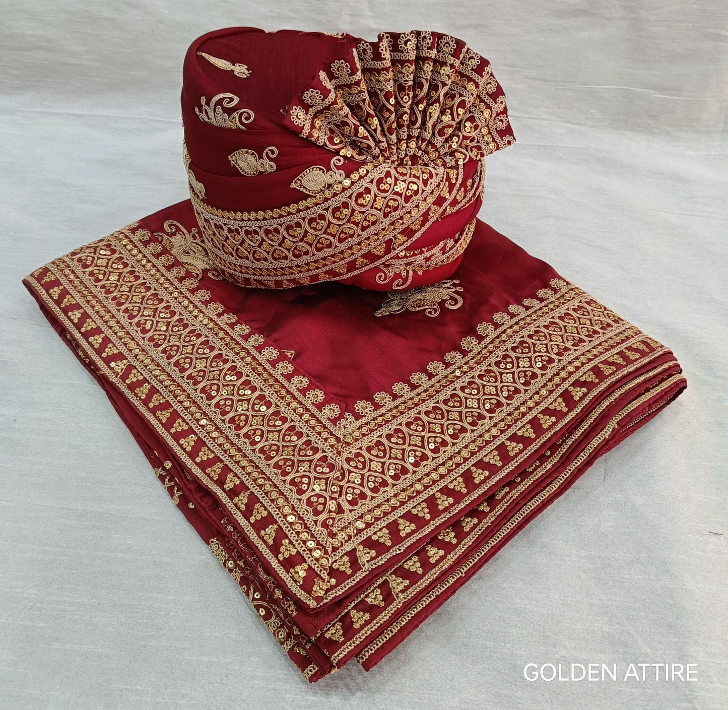 Red Wedding Turban & Shawl Set, Indian Groom Safa Combo with Golden Embroidery