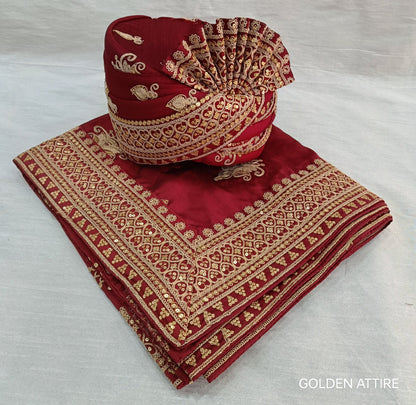 Red Wedding Turban & Shawl Set, Indian Groom Safa Combo with Golden Embroidery