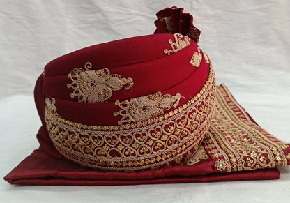 Red Wedding Turban & Shawl Set, Indian Groom Safa Combo with Golden Embroidery