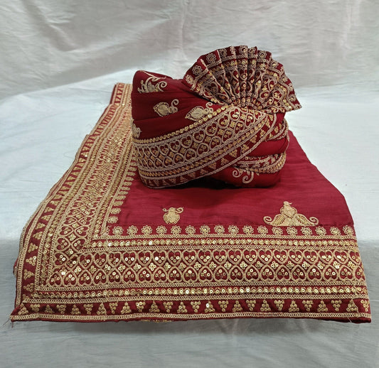 Red Wedding Turban & Shawl Set, Indian Groom Safa Combo with Golden Embroidery