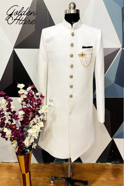 Handcrafted White Sherwani Groom Outfit, Indo Western Wedding Set
