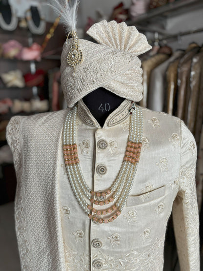 White Embroidered Groom Sherwani: Indian Wedding Outfit Set