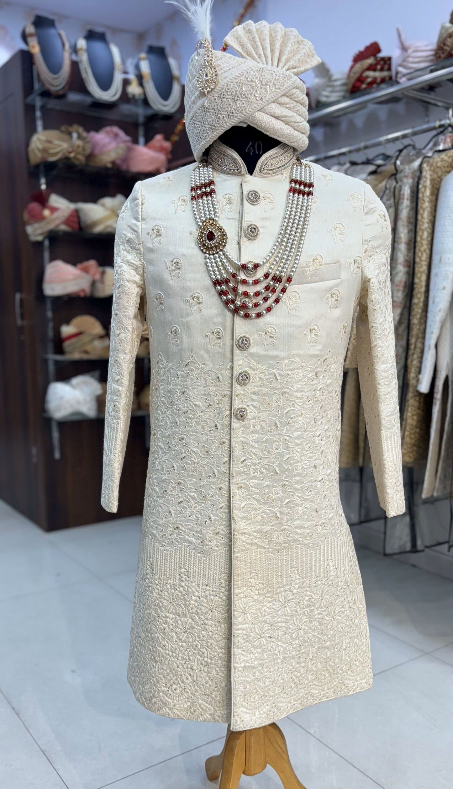 White Embroidered Groom Sherwani: Indian Wedding Outfit Set