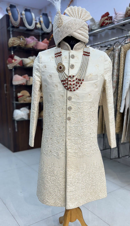 White Embroidered Groom Sherwani: Indian Wedding Outfit Set