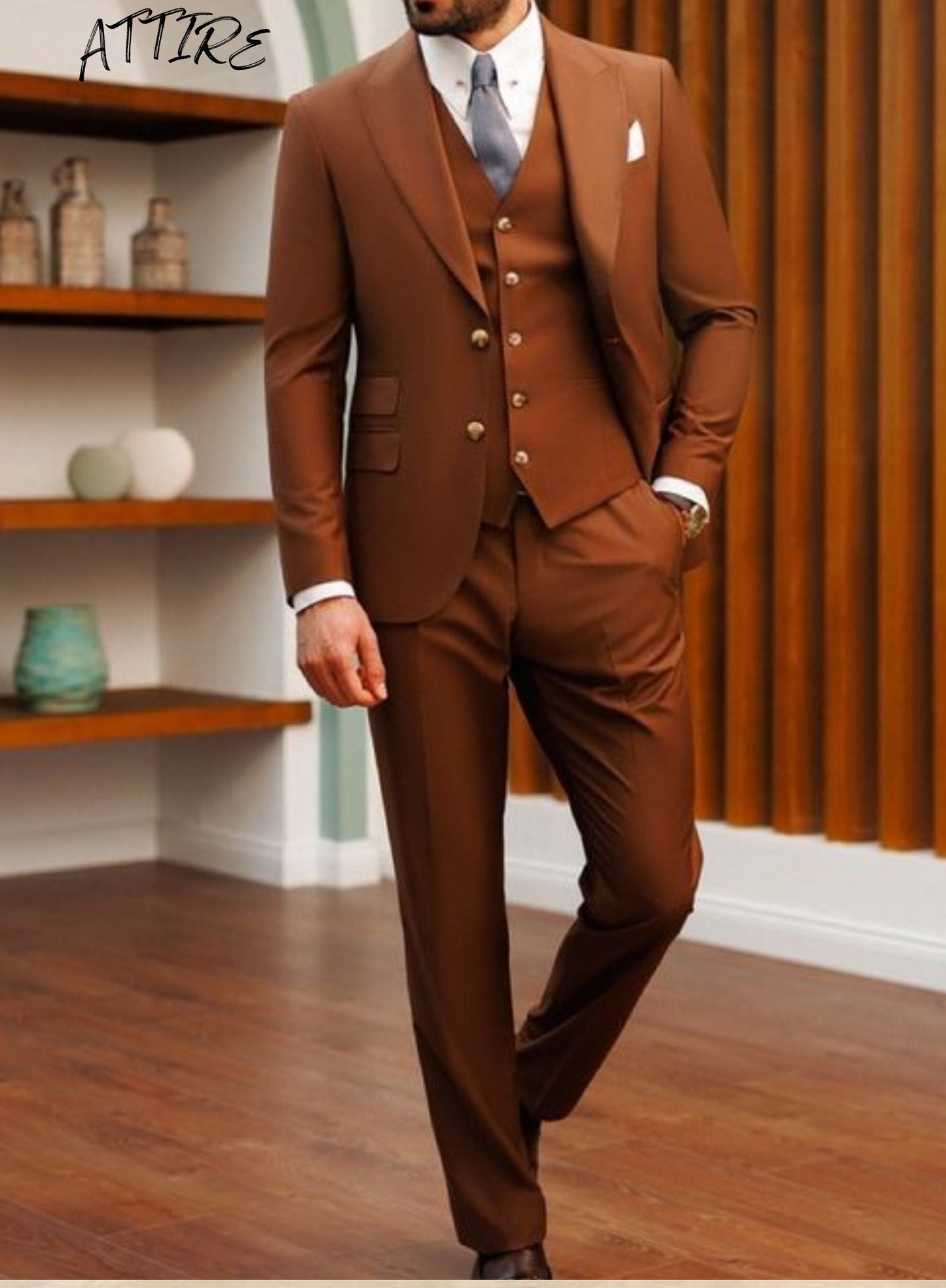 Terracotta Brown 3-Piece Suit, Rust Two Button Tuxedo, Groom Wedding Suit
