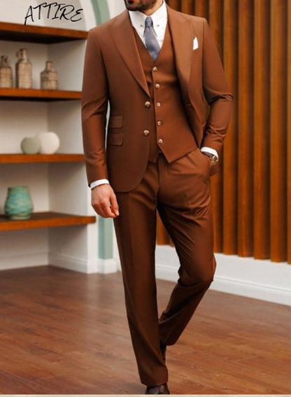 Terracotta Brown 3-Piece Suit, Rust Two Button Tuxedo, Groom Wedding Suit