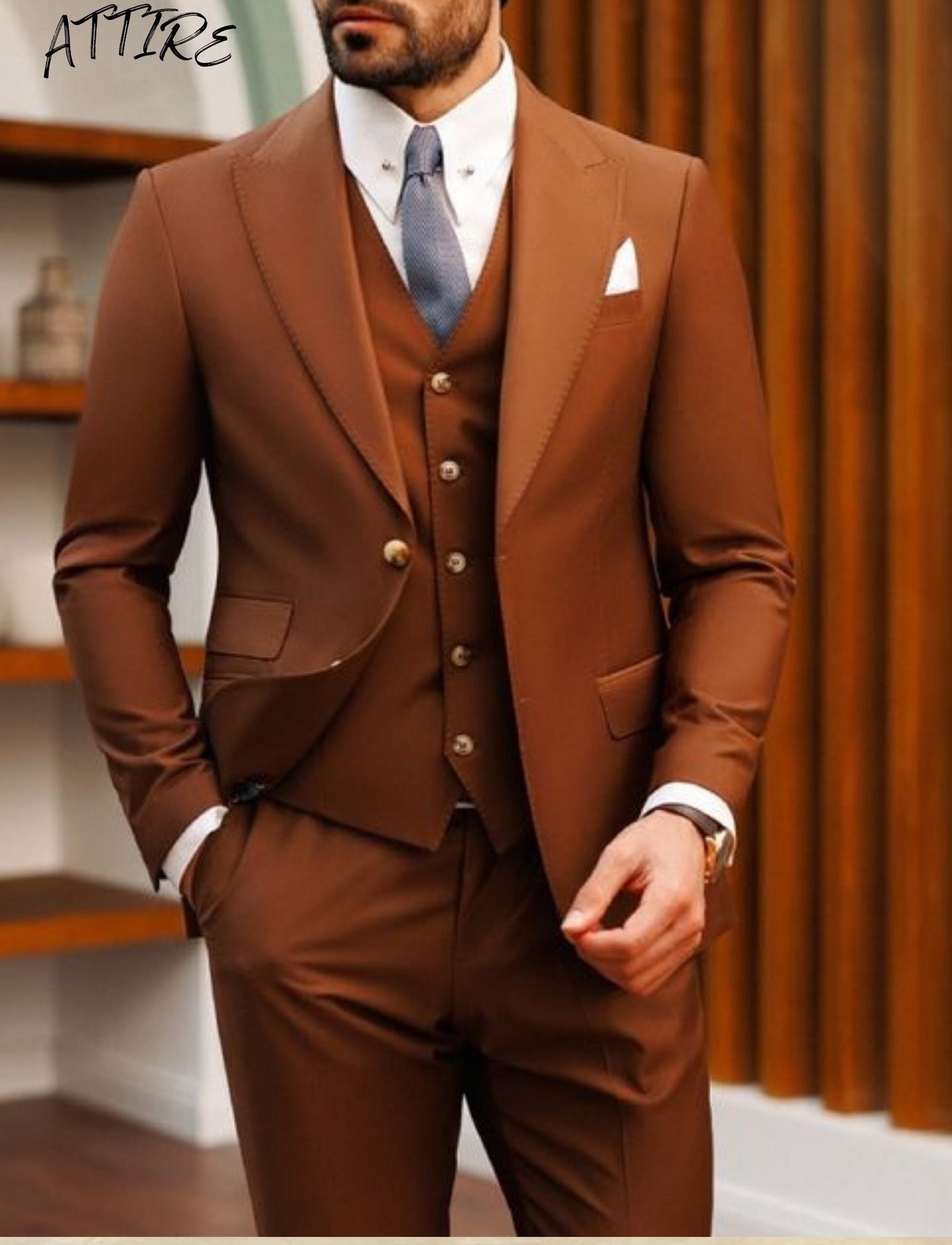 Terracotta Brown 3-Piece Suit, Rust Two Button Tuxedo, Groom Wedding Suit