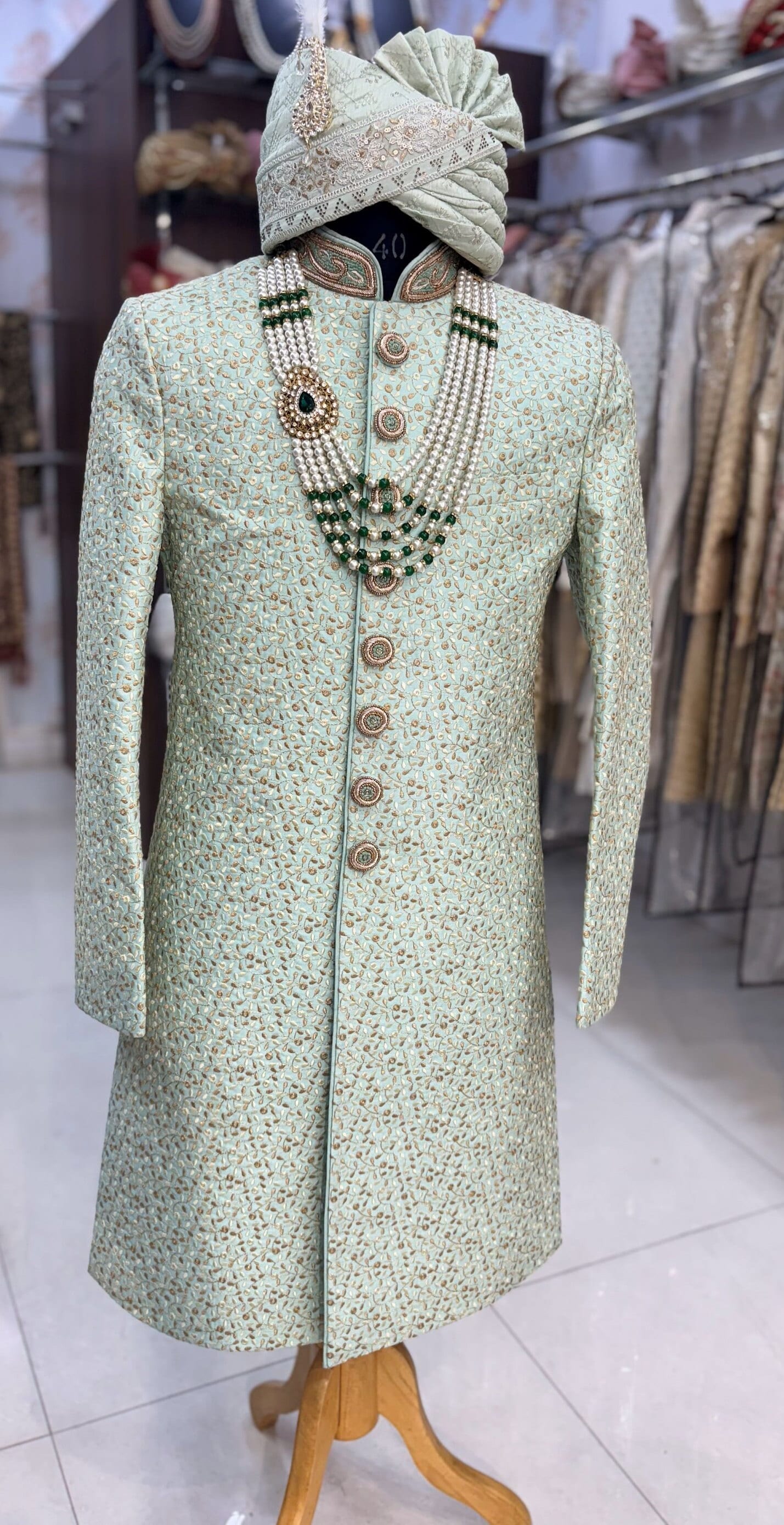 Green Sherwani Groom Outfit: Indian Wedding Sherwani Set