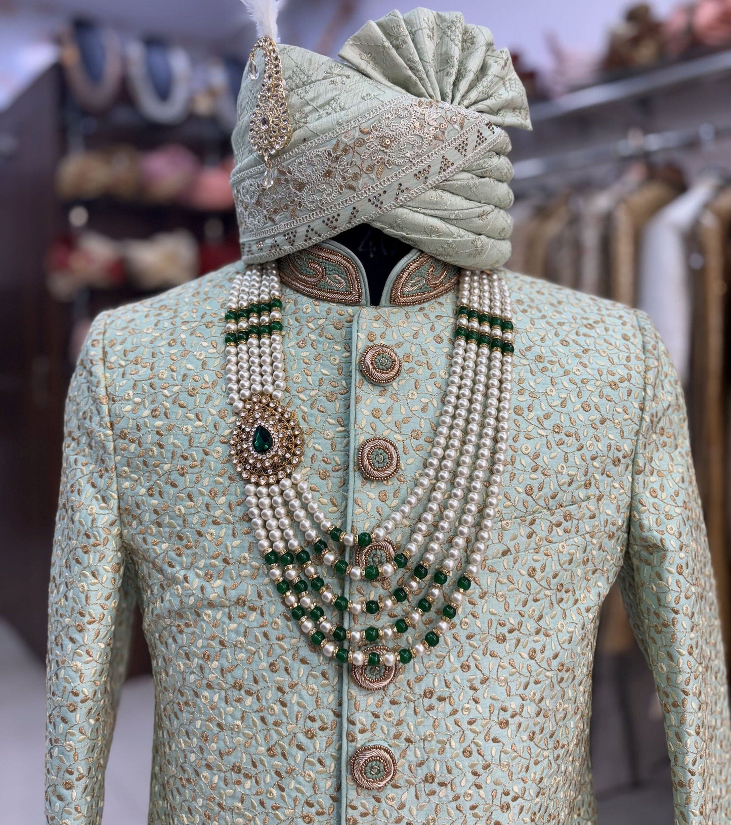 Green Sherwani Groom Outfit: Indian Wedding Sherwani Set