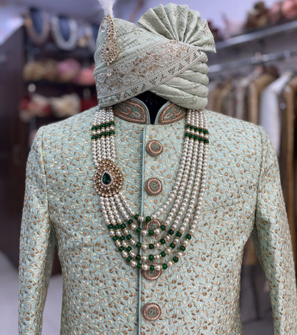 Green Sherwani Groom Outfit: Indian Wedding Sherwani Set