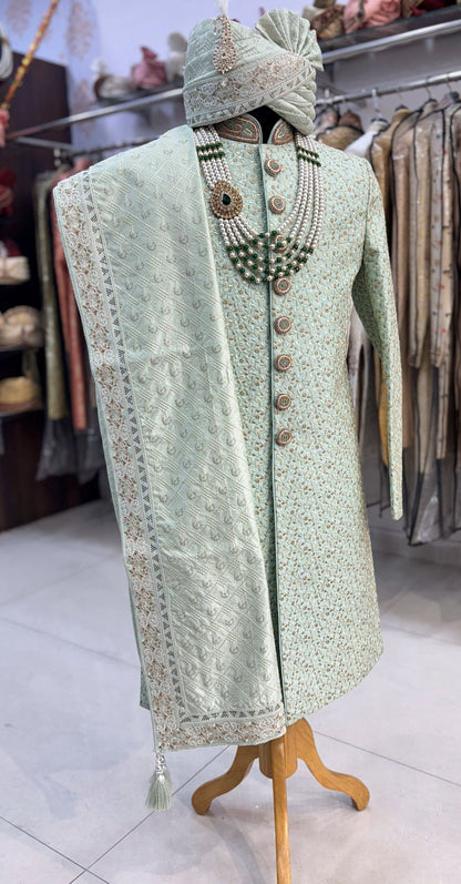 Green Sherwani Groom Outfit: Indian Wedding Sherwani Set