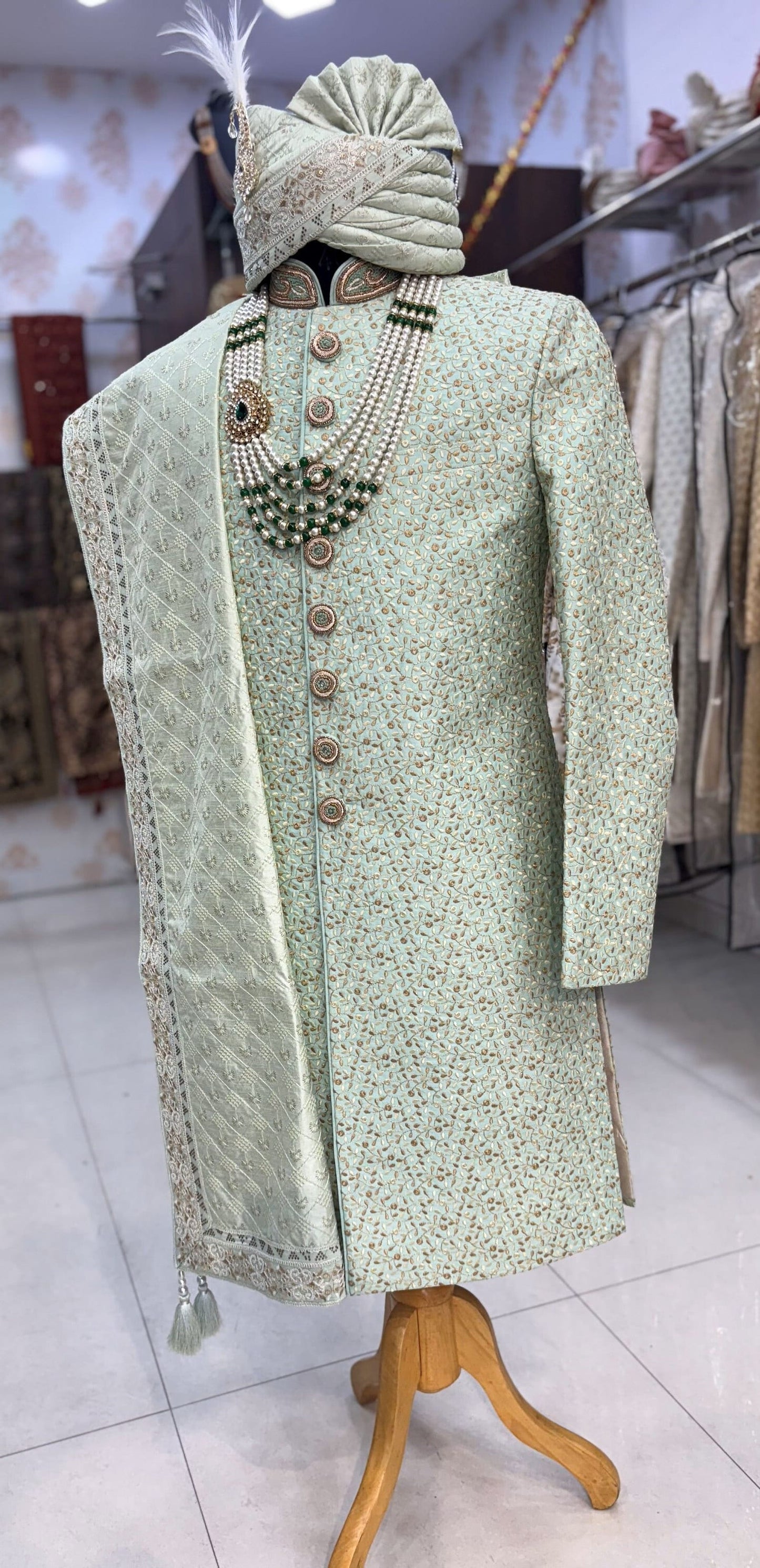 Green Sherwani Groom Outfit: Indian Wedding Sherwani Set