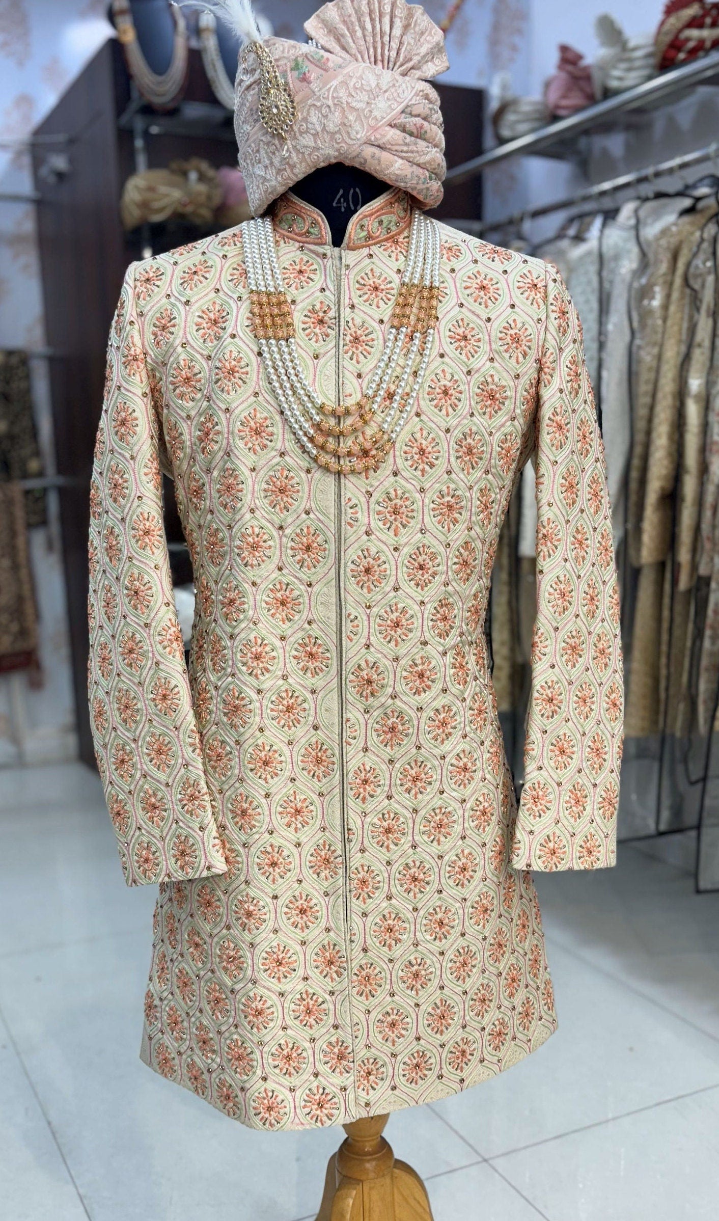 Cream Sabyasachi Sherwani: Indian Groom Wedding Outfit