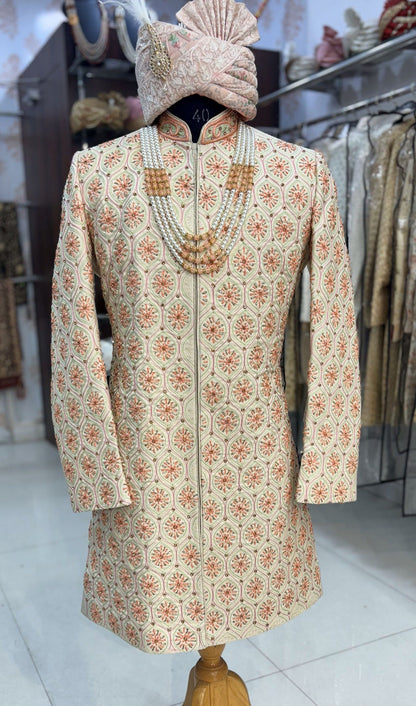 Cream Sabyasachi Sherwani: Indian Groom Wedding Outfit