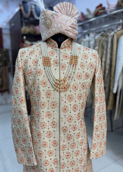 Cream Sabyasachi Sherwani: Indian Groom Wedding Outfit