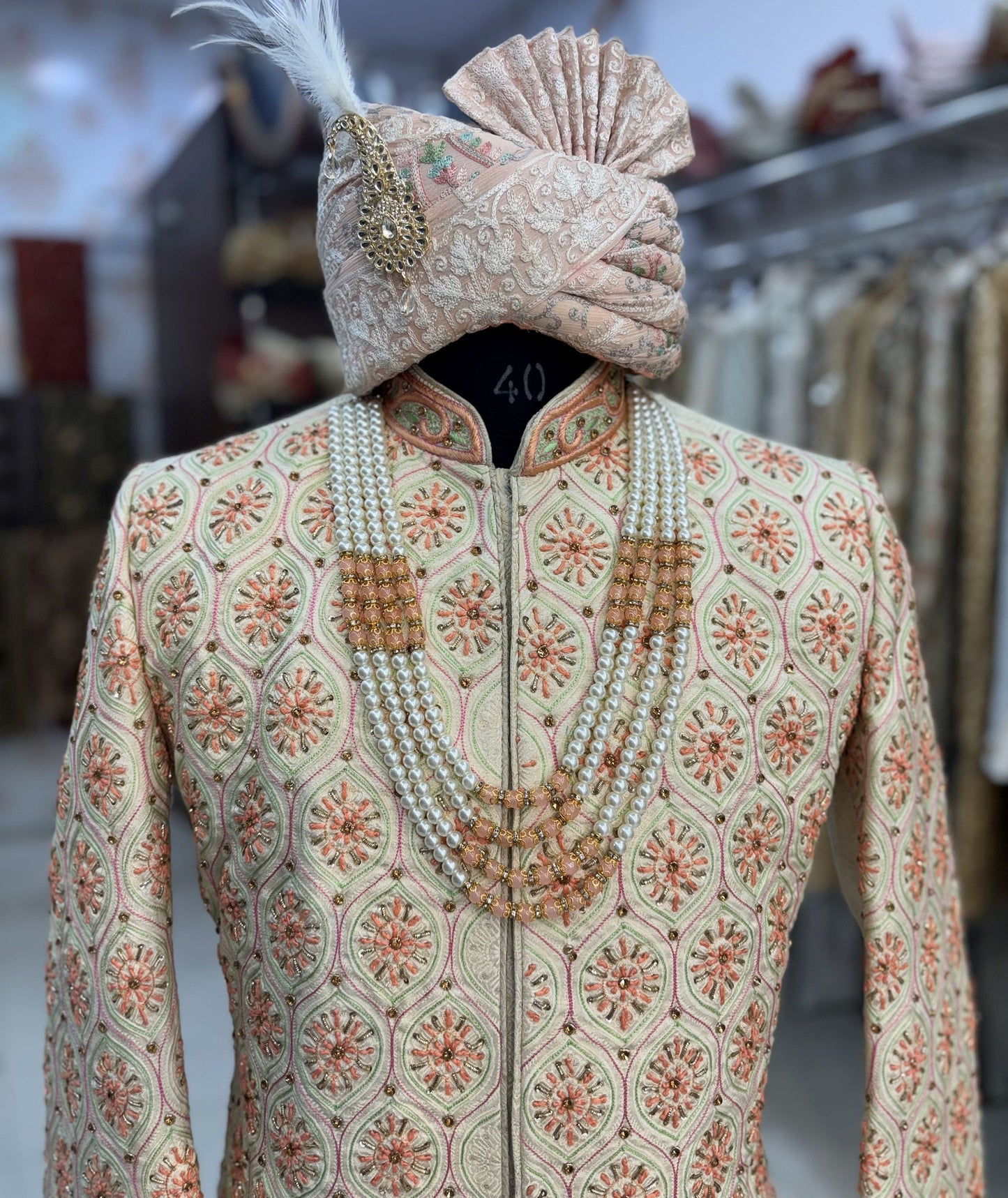 Cream Sabyasachi Sherwani: Indian Groom Wedding Outfit