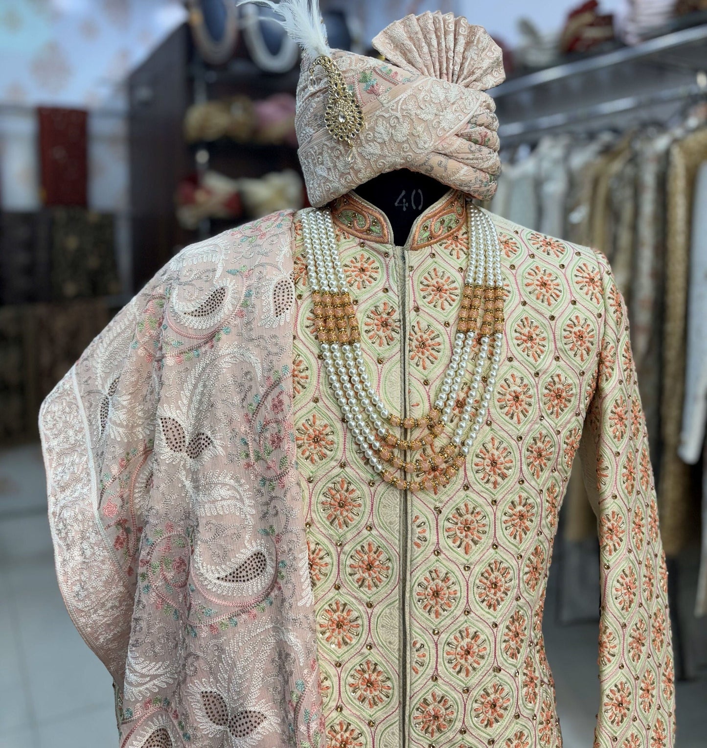 Cream Sabyasachi Sherwani: Indian Groom Wedding Outfit