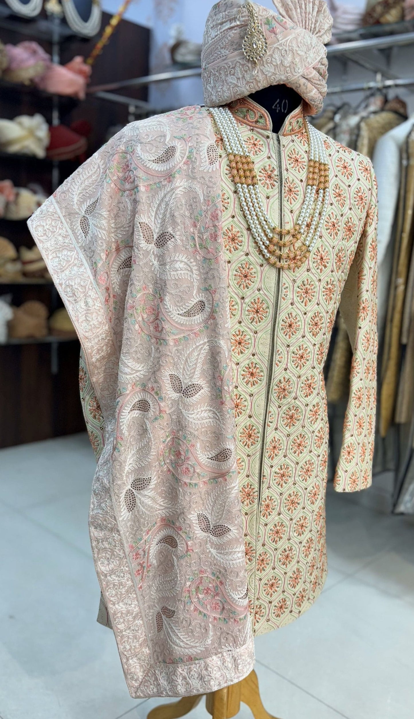 Cream Sabyasachi Sherwani: Indian Groom Wedding Outfit