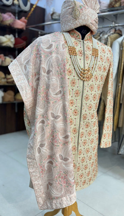 Cream Sabyasachi Sherwani: Indian Groom Wedding Outfit