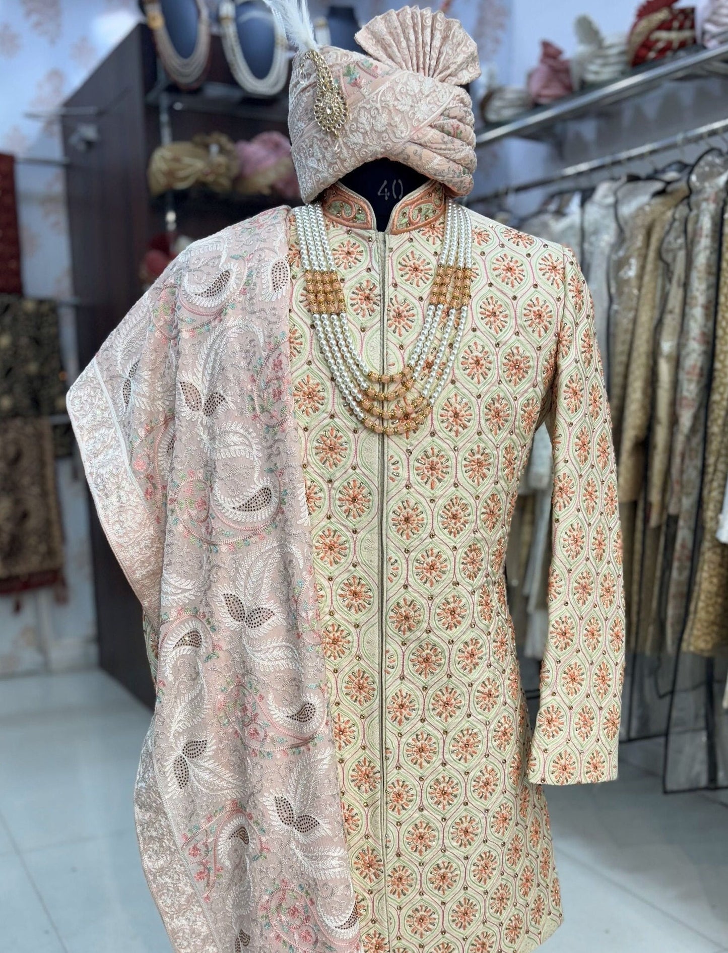 Cream Sabyasachi Sherwani: Indian Groom Wedding Outfit