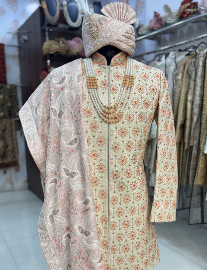 Cream Sabyasachi Sherwani: Indian Groom Wedding Outfit