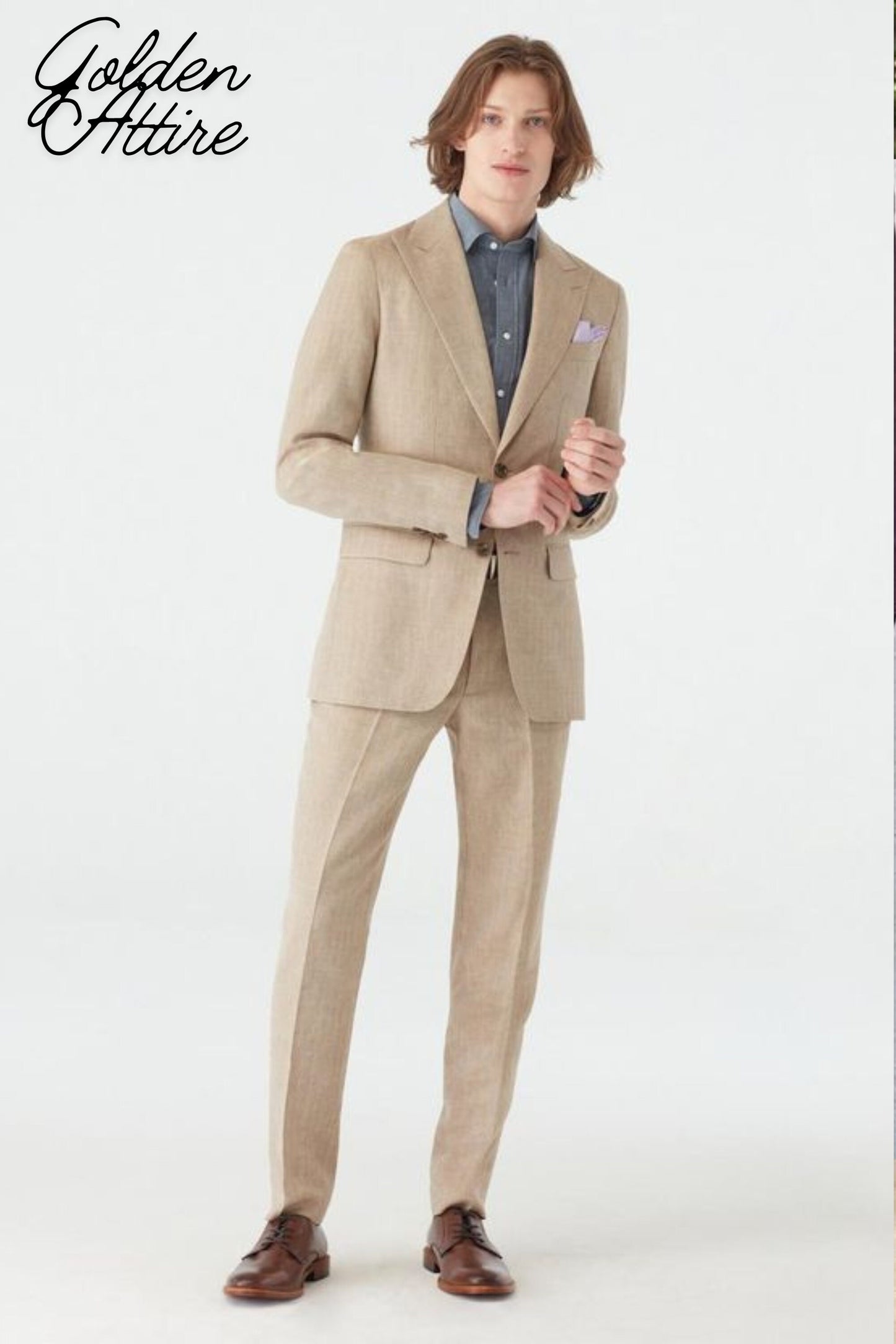 Beige Linen Suit: Slim Fit Two-Piece Wedding Suit