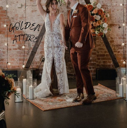 Burgundy 3-Piece Suit: Terracotta Wedding Groom Tuxedo