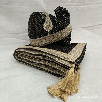 Black Velvet Groom Turban & Shawl Set: Golden Lace, Detachable Kalangi