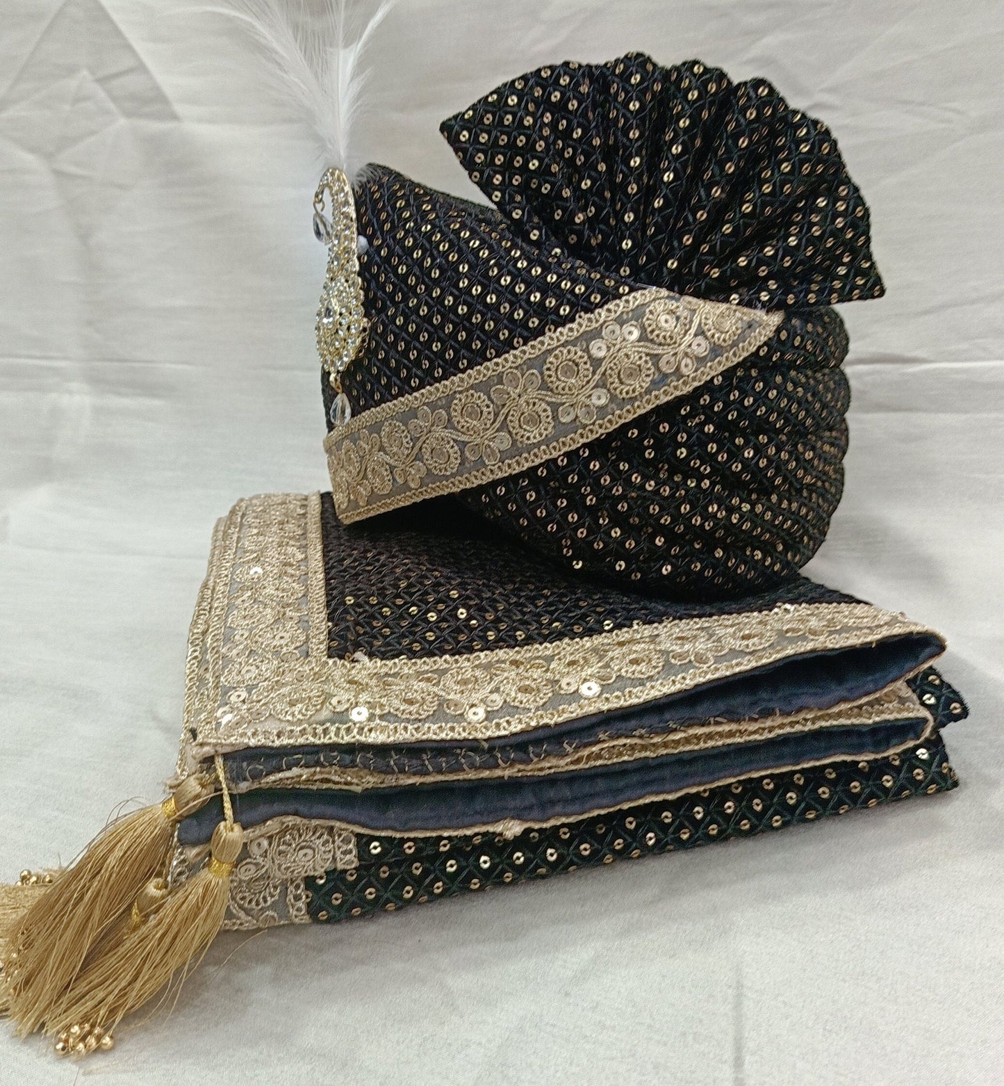 Black Velvet Groom Turban & Shawl Set: Golden Lace, Detachable Kalangi