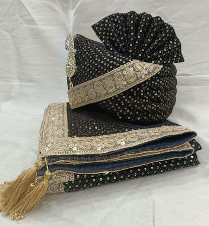 Black Velvet Groom Turban & Shawl Set: Golden Lace, Detachable Kalangi