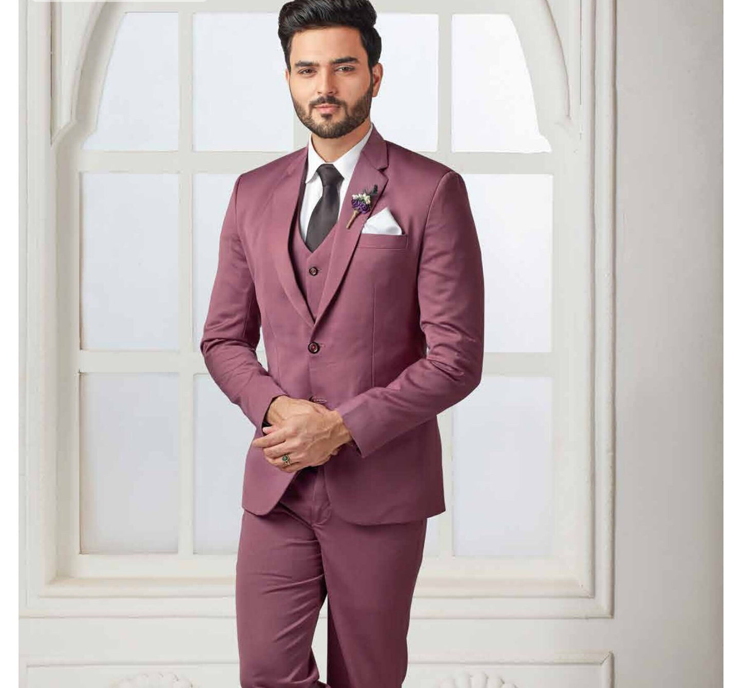 Men's Dusty Rose Three Piece Suit: Wedding Groom Dinner Suit